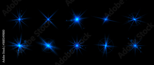 Blue glowing sparkling set. Magical stars, twinkles and sparks glowing pack. Shining light flare effect collection. Starlight rays radiance sun elements. Navy beam or cold star bursts bundle. Vector