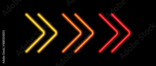 Yellow, orange and red neon arrow element. Glowing led direction sign. Shine tube lamps in arrowhead shape. Bright luminous fluorescent pointer effect for banner, poster, logo. Vector neon led lights