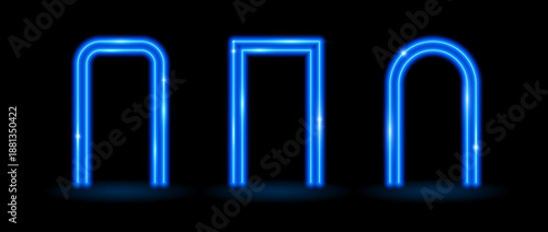 Glow neon rectangle and arch frames. Blue shining flare borders. Glowing portal doors concept. Futuristic rectangular and curved arc border. Vector illuminated elements for poster, banner, brochure