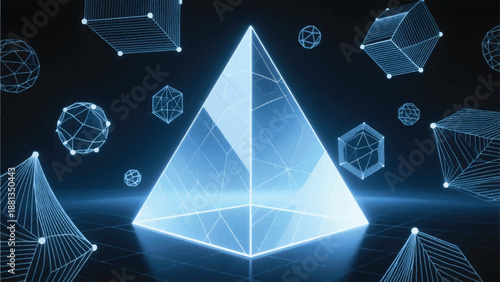 Photos Illustration Of A Large Prism Projecting Multiple Geometric Objects, Light Is Sc
