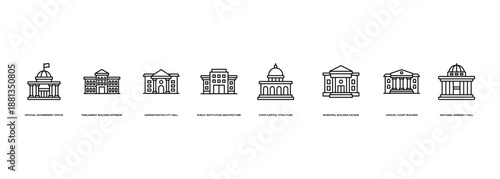Government Building Structure Banner Illustration for Official Government Office, Parliament Building Exterior, Administrative City Hall, Public Institution Architecture, State Capitol Structure