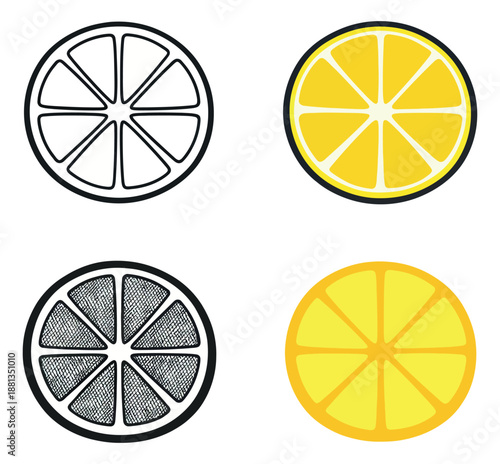 Hand drawn and flat design lemon slice set featuring outlined, hatched, and colorful versions for healthy food and drink concepts