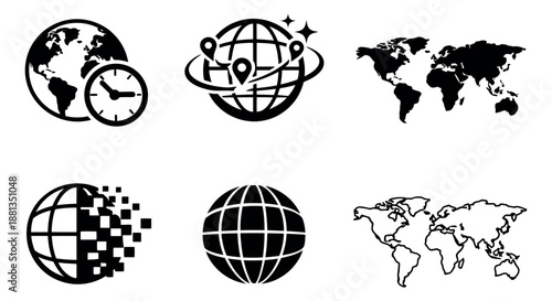 Modern vector globe and world map icons set featuring various earth and world map concepts for global communication and technology