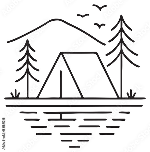 Minimalist camping tent line art illustration, simple A-frame tent in forest landscape with pine trees and mountain silhouette for outdoor adventure concept on white background.