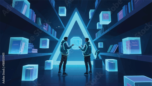 Illustration Of A Trapezoid-Shaped Layered Shelf, A Hologram “Book” In The Form Of Floating Boxes, A Character Retrieving Glowing Data Vector Design Template