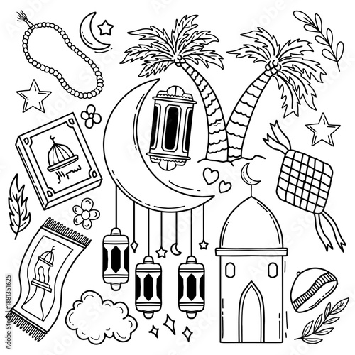 Hand drawn doodle style Ramadan symbols and decorations. Set of vector doodle element related to Eid Mubarak