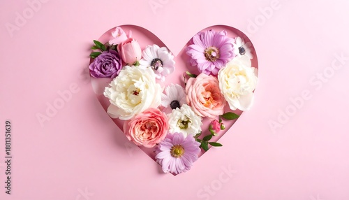 Beautiful Heart Shape Filled with Assorted Fresh Flowers on Pink Background.