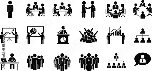Collection of business meeting, teamwork, leadership, presentation and corporate communication icons, professional solid vector symbol set for office and management