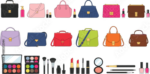 Collection of colorful designer handbags and beauty cosmetics including makeup brushes, lipstick, palettes and nail polish, stylish fashion accessory vector set