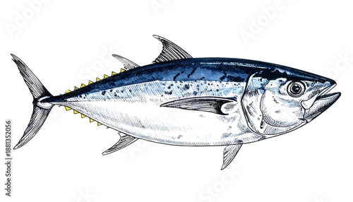 Detailed Illustration of a Bluefin Tuna Fish Swimming in Clear Water.