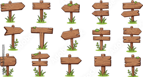 Collection of wooden direction signs with arrows, rustic cartoon board posts featuring grass and leaves, decorative outdoor navigation illustration vector set