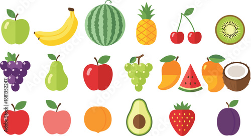 Colorful fresh fruit illustration set with apples bananas watermelon pineapple cherries kiwi grapes mango coconut avocado strawberry peach plum icons
