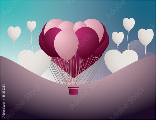 Heart-shaped hot air balloon floating among clouds. Celebrate valentine's day with our special love