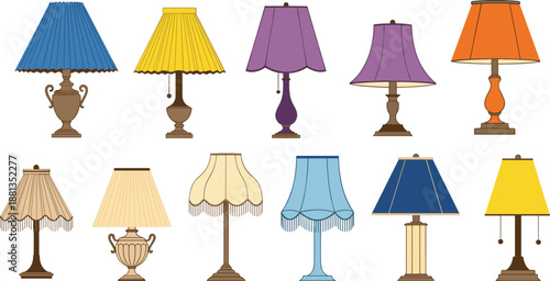 Colorful vintage table lamp collection with decorative shades, classic home lighting designs, elegant interior decor lamps and furniture illustrations