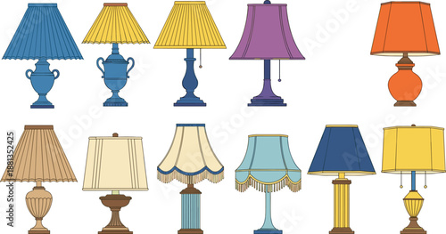 Elegant vintage table lamp collection with decorative shades, classic interior lighting designs, antique bedside lamps and home decor illustrations