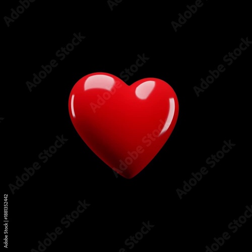 High-quality 3D render of a glossy red heart beating and pulsing against a solid black background. Minimalist symbolic animation representing love, health, passion, and Valentine's Day.