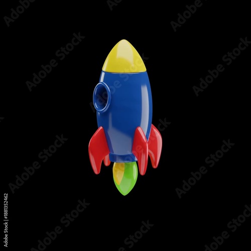 High-quality 3D animation of a colorful toy rocket ship flying against a black background. Glossy plastic texture symbolizing startup success, business growth, innovation, and creative exploration.