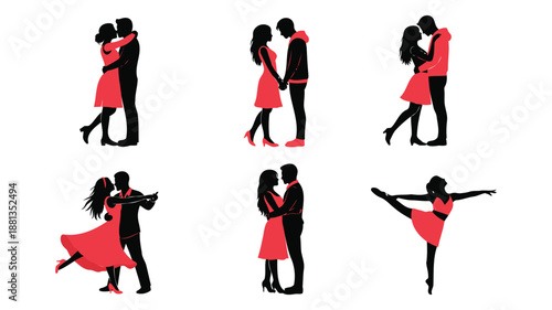 Couple Dancing and Kissing Silhouettes in Red Dresses on White Background