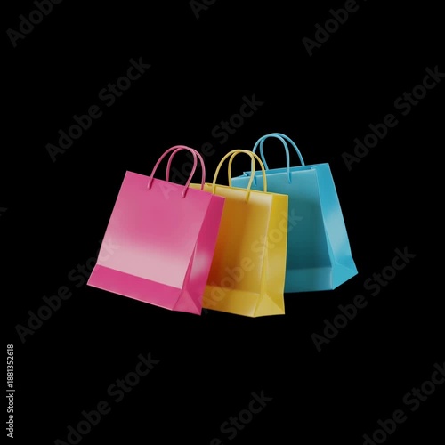 Three colorful 3D shopping bags floating on a black background. Minimalist pink, yellow, and blue paper bag animation for retail, e-commerce sales, fashion marketing, and consumerism concepts.