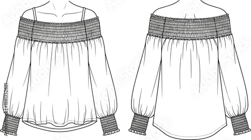 Front and back technical sketch of off shoulder smocked blouse with long sleeves and ruffled cuffs, detailed fashion garment illustration template