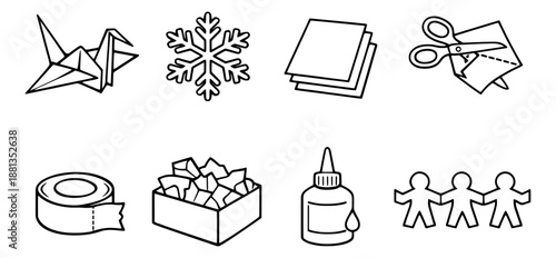 Hand drawn line art craft icons set featuring an origami crane, paper, scissors, glue, tape, and paper dolls for DIY projects and creative hobbies