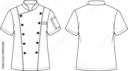 Front and back technical sketch of short sleeve double breasted chef coat with asymmetrical closure and sleeve pocket, detailed apparel design template