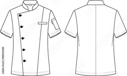 Front and back technical sketch of short sleeve chef coat with asymmetrical button closure and utility sleeve pocket, detailed apparel design template