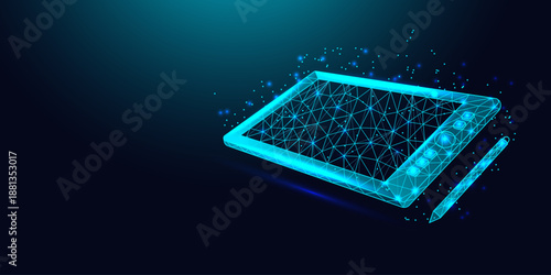 Low poly wireframe graphics tablet on blue background.