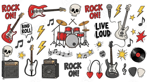 A vibrant collection of hand-drawn rock music themed doodles and illustrations featuring guitars, drums, skulls, lightning bolts, and musical notes on a white background.