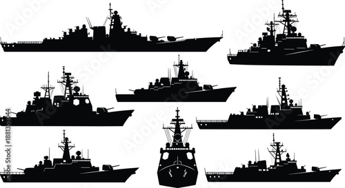 Military warship silhouettes set with detailed naval destroyers, battleships and combat vessels, black ship outline collection for defense illustrations