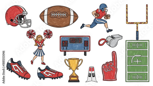 A collection of hand-drawn American football equipment, accessories, and figures including a helmet, ball, player, cheerleader, trophy, and field elements.