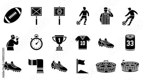 A collection of black and white sports icons featuring football equipment, players, referees, and stadium elements.