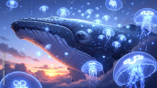 Humpback whale flying through sky with glowing blue jellyfish
