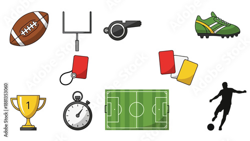 A vibrant collection of sports equipment and symbols, including an American football, soccer field, trophy, whistle, red and yellow cards, and a player silhouette.