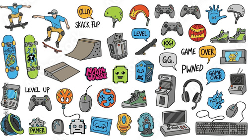 A vibrant collection of hand-drawn doodle illustrations featuring various skateboarding and video gaming elements, including controllers, skateboards, ramps, and arcade machines.