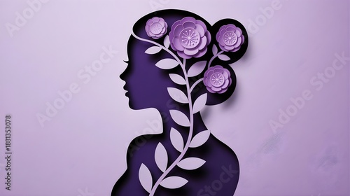 Elegant purple silhouette of a woman adorned with intricate paper-cut flowers and leaves