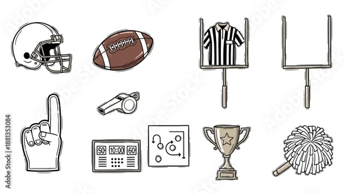 A collection of hand-drawn American football icons including a helmet, ball, referee uniform, goal posts, foam finger, whistle, scoreboard, playbook, trophy, and pom-pom.