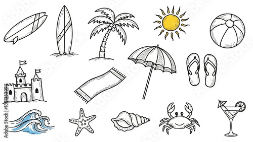 A collection of illustrations depicting various beach and summer vacation elements like surfboards, a palm tree, sun, sandcastle, umbrella, flip-flops, waves, starfish, seashell, crab, and a cocktail.