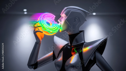 Futuristic cyborg eating a glowing colorful neon digital donut