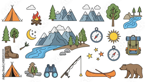 Collection of outdoor adventure and camping icons including mountains, trees, tents, campfire, and hiking gear.