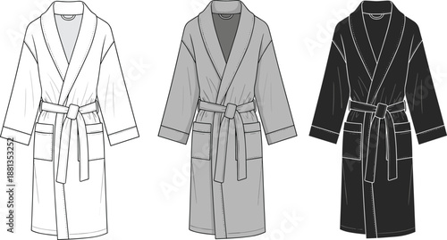 Technical fashion flat of bathrobe in three color variations featuring belt tie, patch pockets and shawl collar, detailed garment illustration template