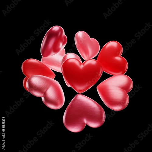 Seamlessly floating 3D glossy red and pink hearts move in a playful circle on a black background. Ideal for Valentine’s Day, romantic celebrations, love concepts, and festive social media content.