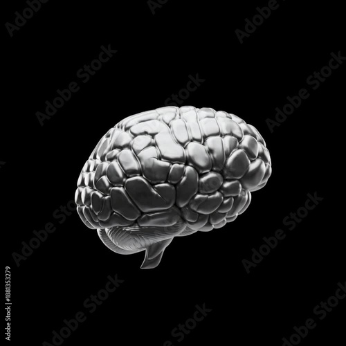 Detailed 3D metallic human brain rotating on a black background. This sleek anatomical animation represents artificial intelligence, neurology, mental health, and advanced cognitive computing.