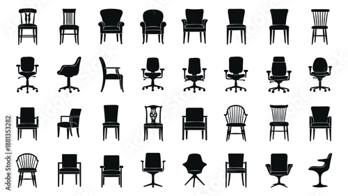 Collection of Various Office Chair Silhouettes on White Background