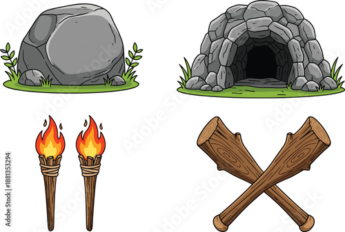 Stone age illustration set with large rock cave entrance burning torches wooden clubs primitive tools cartoon style graphics