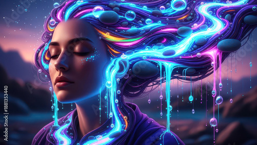 Ethereal woman with glowing neon hair and floating water droplets
