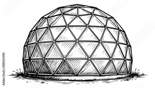 Hand drawn line art illustration of a geodesic dome depicting modern architecture for design concepts