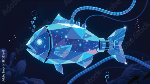Illustration Of A Polygon Style Underwater Robot, Transparent Geometric Hologram Fish With Curved Data Cables Vector Design Template