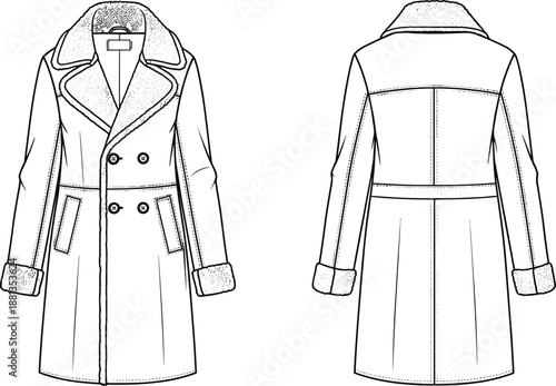 Women’s double breasted shearling coat technical flat sketch, winter outerwear fashion template with collar cuffs pockets, front and back view