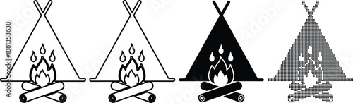 Set of 4 Teepee and Campfire Icons Vector